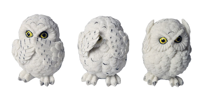 Set Of 3 Resin White Owls "Speak, See & Hear No Evil"